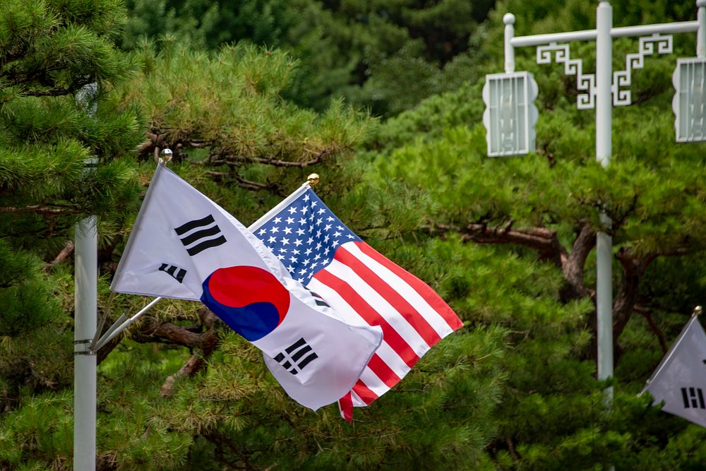 South Korean and US flag during President Trump visiting Seoul. Original public domain image from Flickr