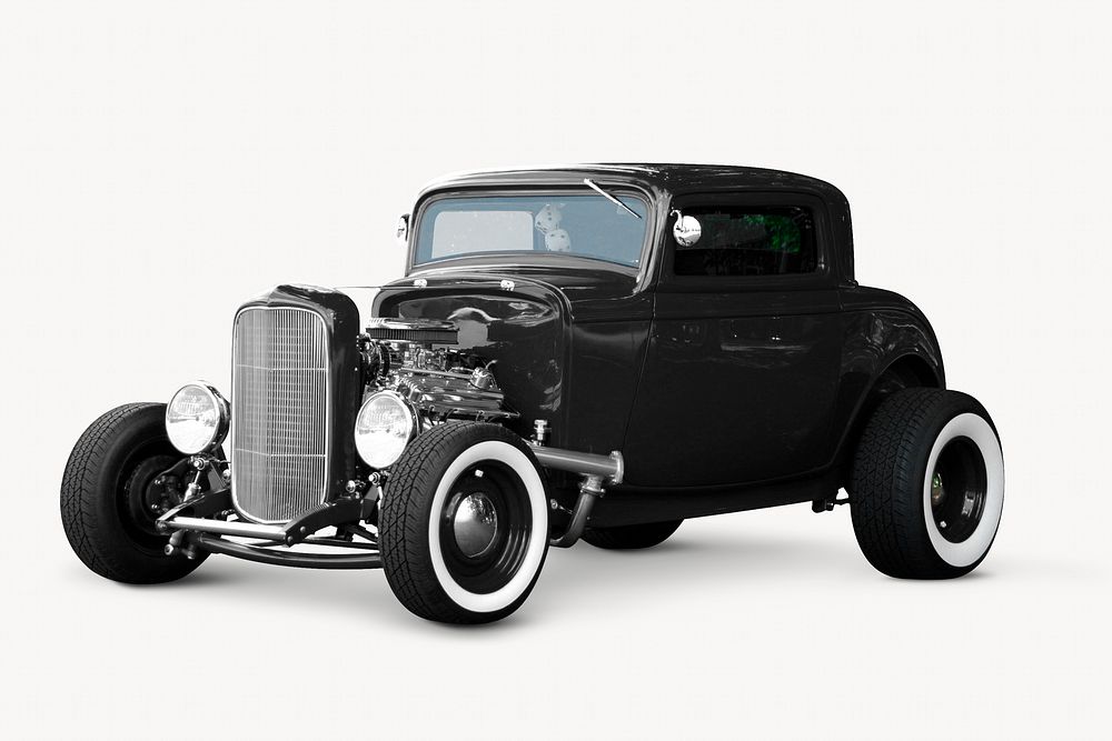 Black classic car, vintage vehicle isolated image