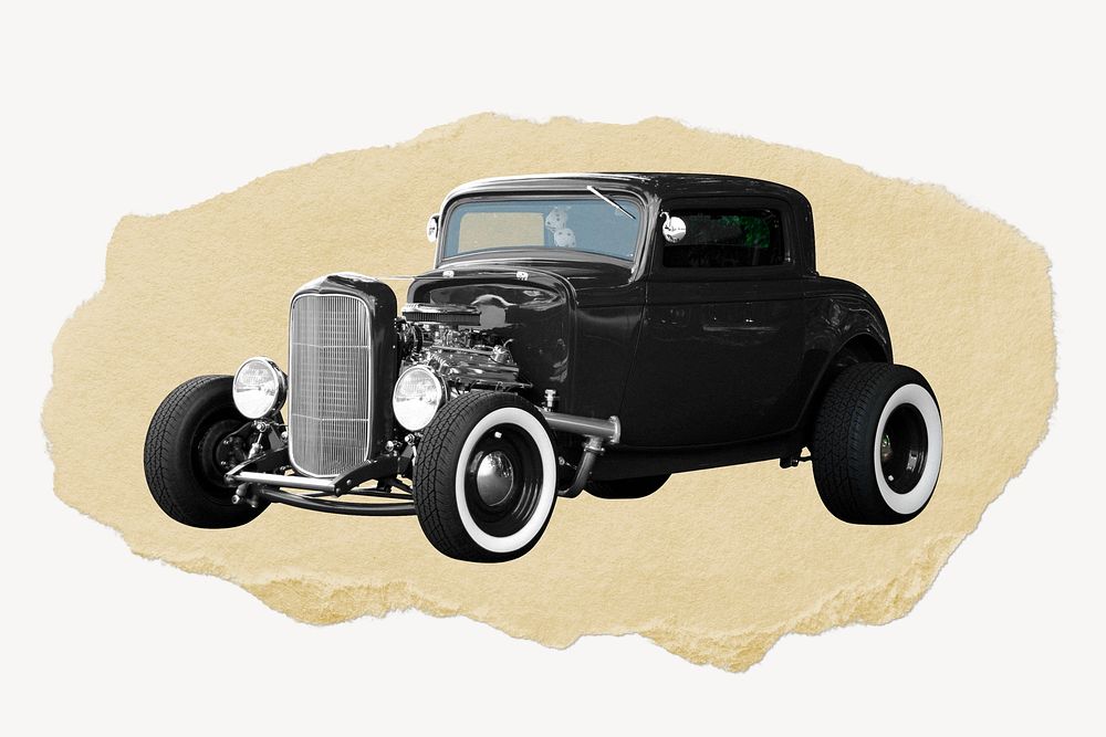 Black classic car ripped paper, vintage vehicle graphic