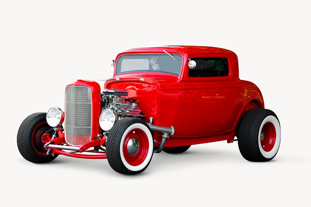Red classic car, vintage vehicle isolated image