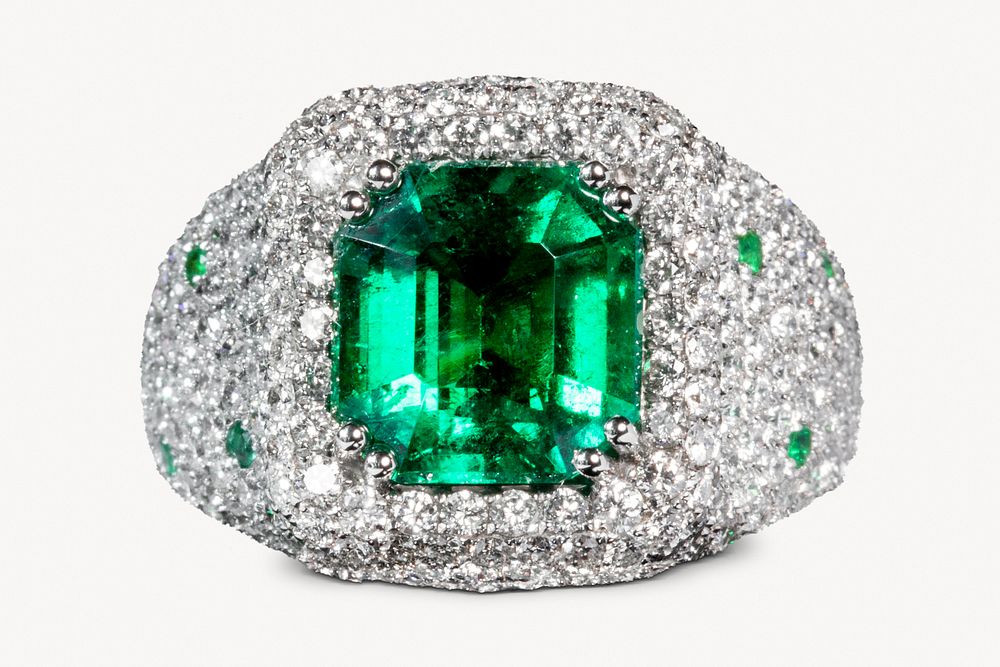 Emerald diamond ring, luxurious jewelry isolated image