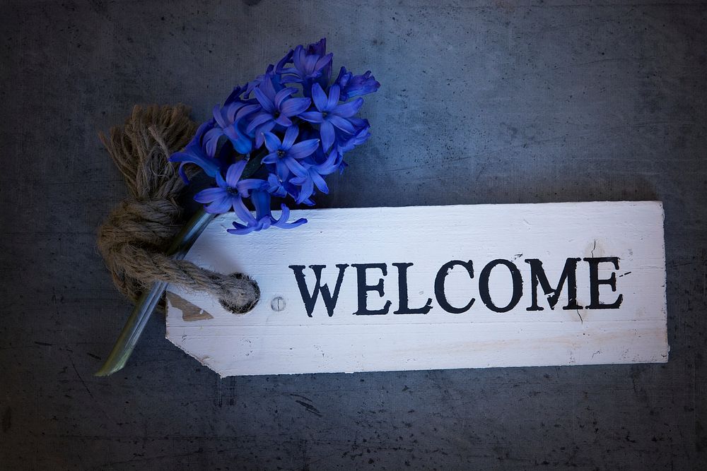 Welcome sign with purple hyacinth. Free public domain CC0 photo.