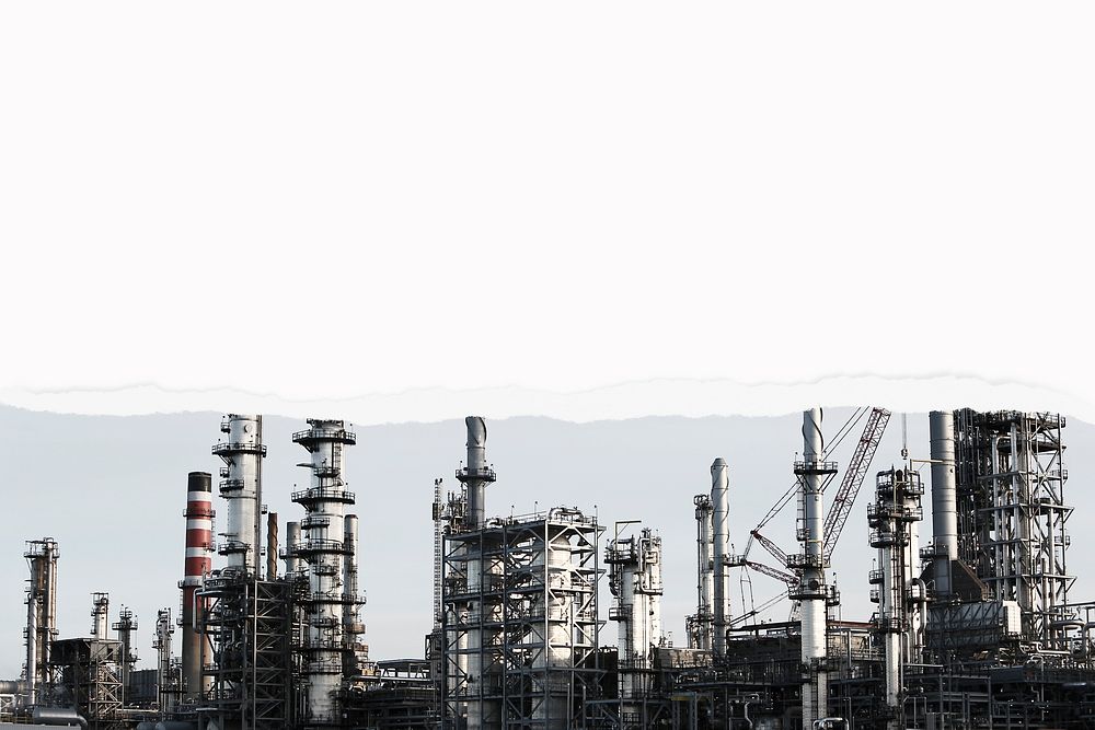 Oil refinery background, ripped paper border