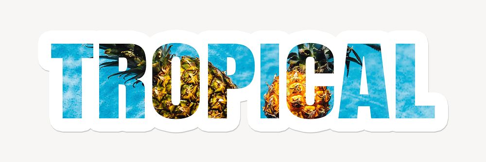 Tropical word typography, white border text, pineapple floating on water