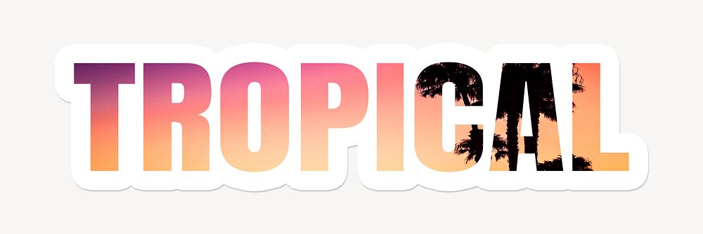 Tropical word typography, white border text, pink sunset by the beach