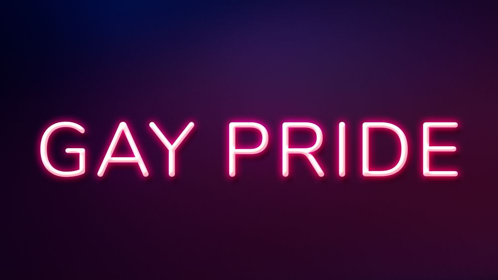 GAY PRIDE neon word typography on a purple background