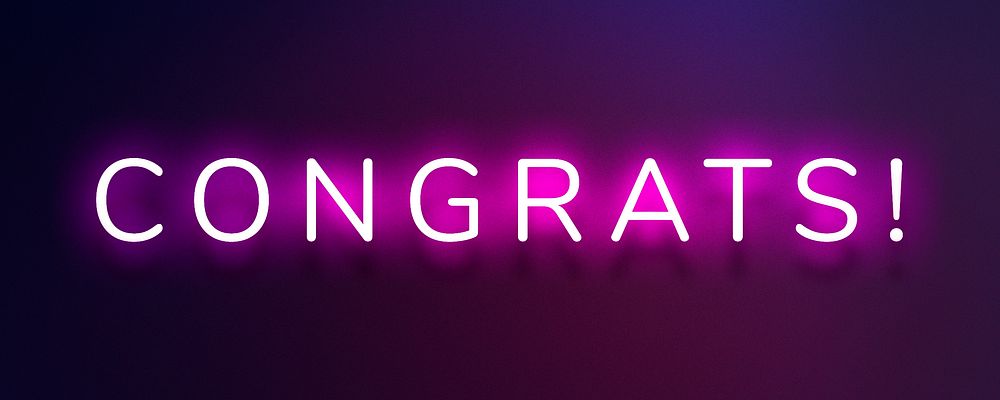 Glowing congrats neon typography on a dark purple background