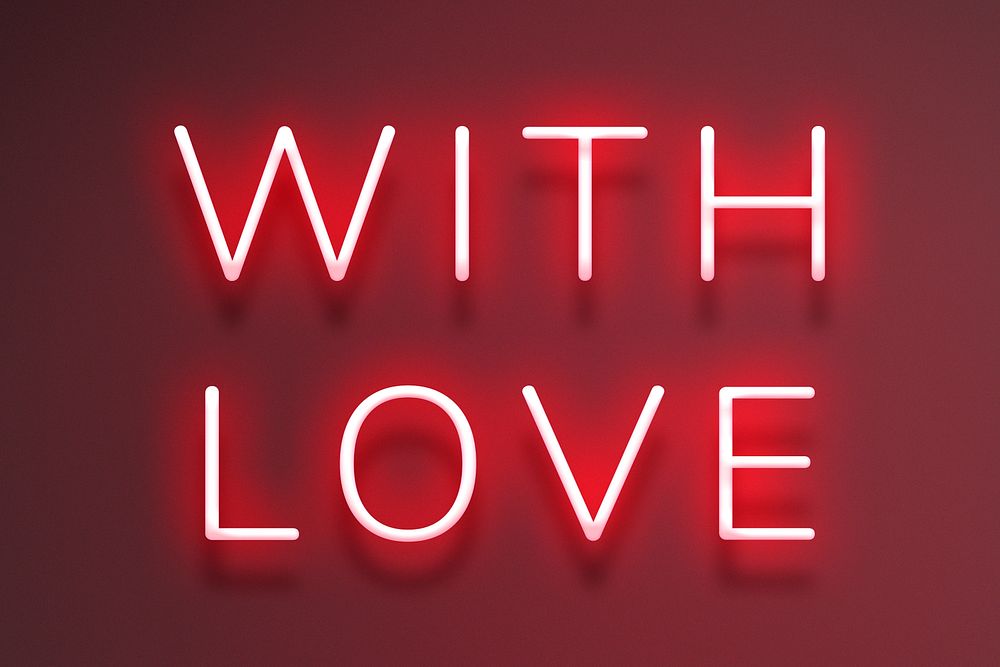 Glowing with love neon typography on a red background