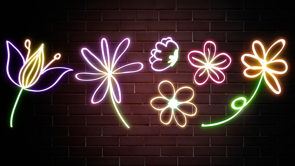 Glowing colorful neon flower hand drawn set
