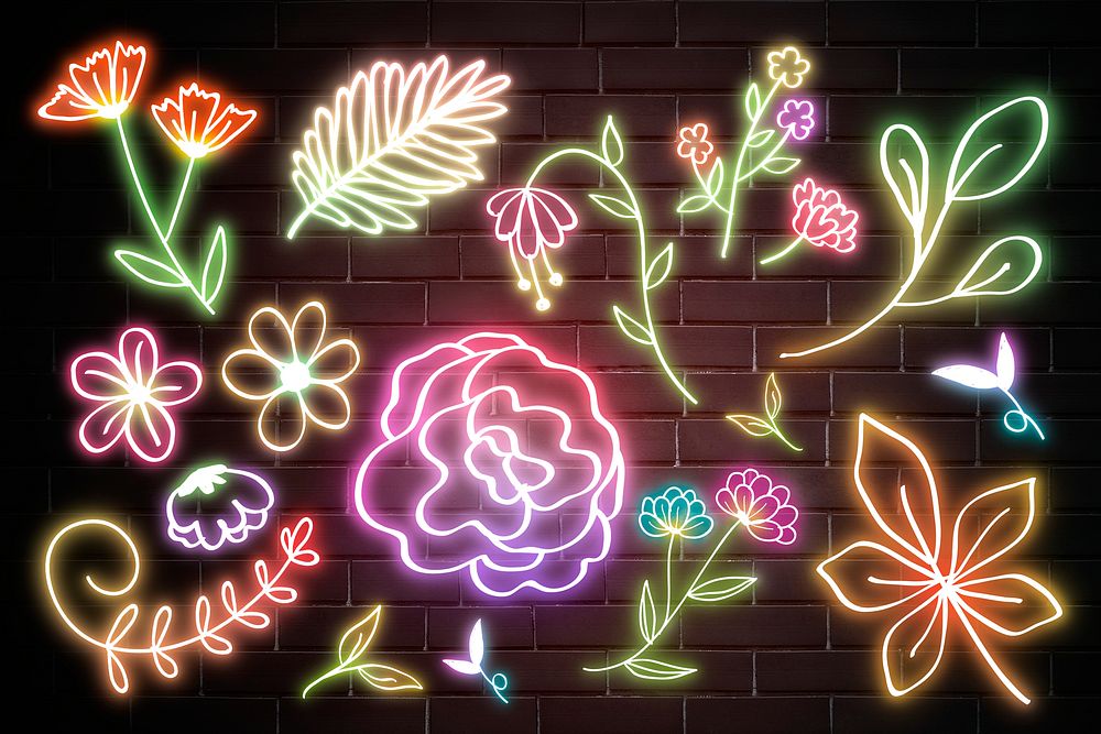 Glowing colorful neon botanical flowers hand drawn mixed