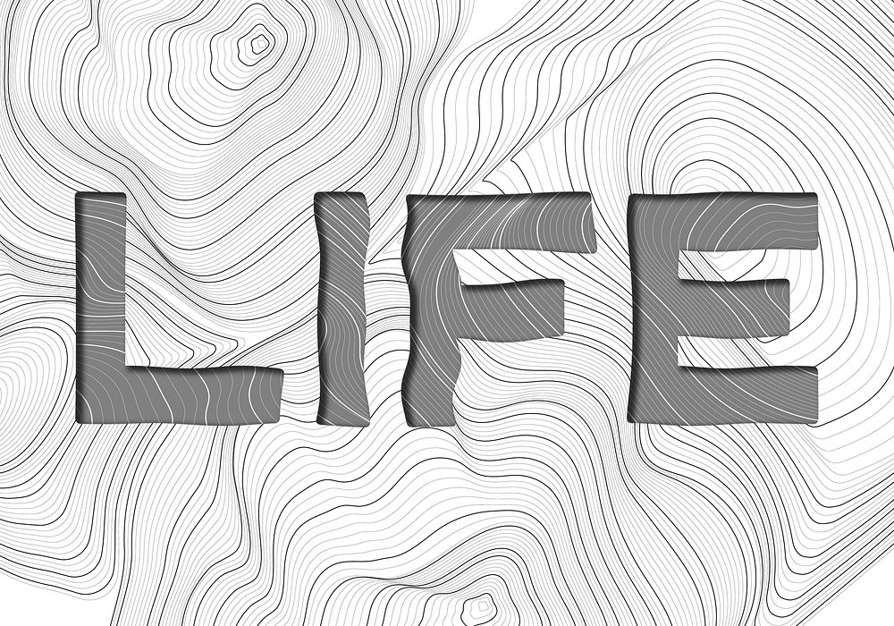 Dark gray life word typography on a white topographic background