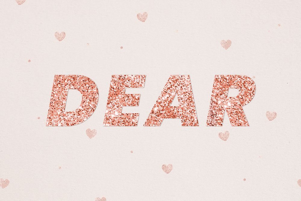 Glittery dear typography on heart patterned background