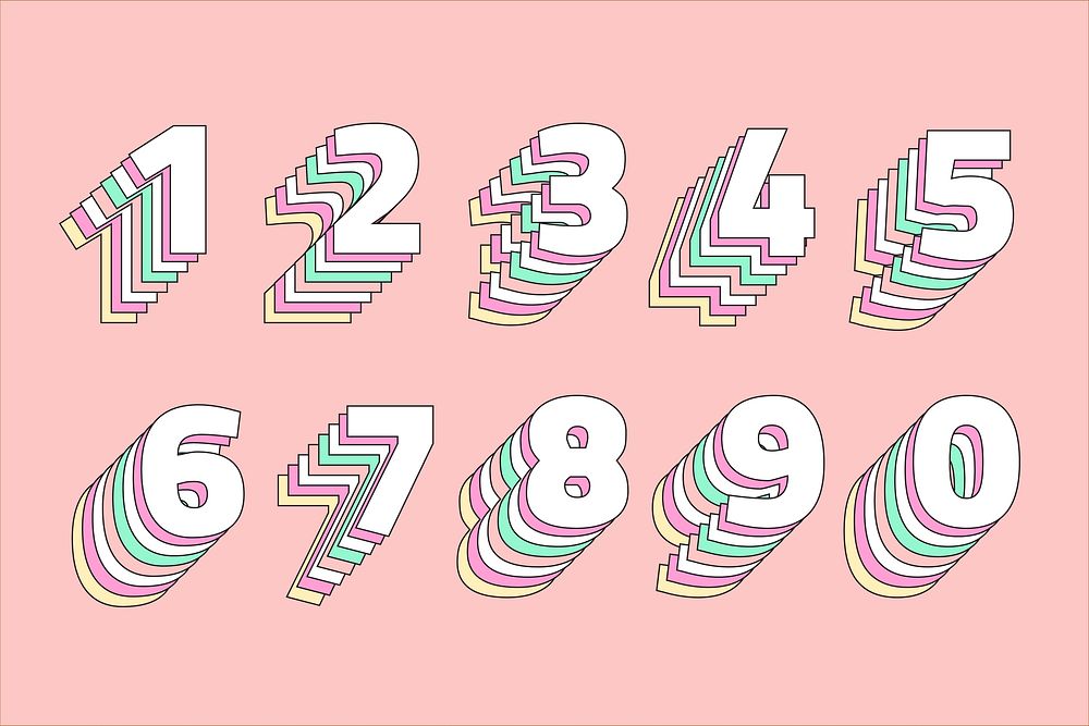 Layered pastel number set vector stylized typography