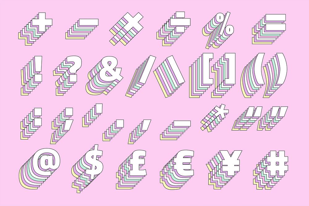 3d pastel symbol set vector retro typography