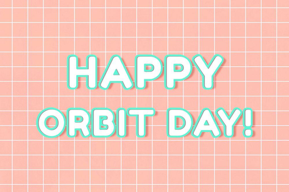Bold neon 80&rsquo;s happy orbit day! word outline word art on grid background