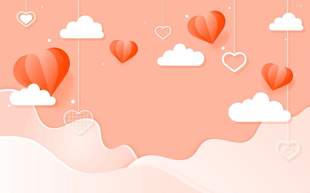 Vector hanging hearts cloud wave peach background