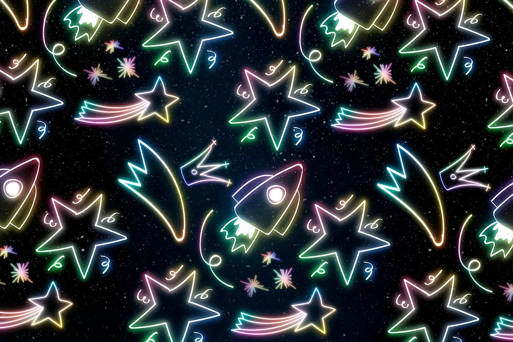 Neon rocket star doodle pattern background