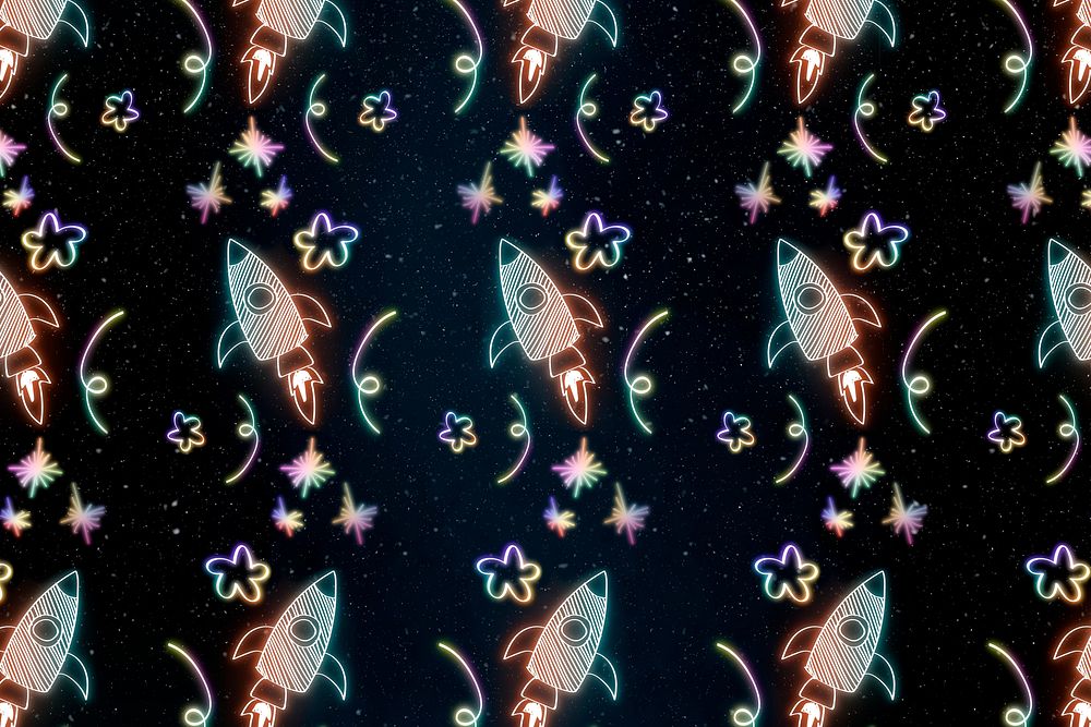 Neon star rocket doodle pattern background