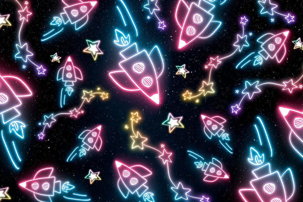 Neon spacecraft star doodle pattern background