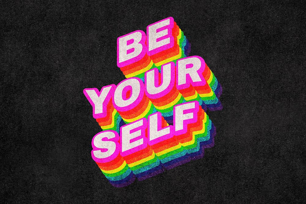 BE YOURSELF rainbow word typography on black background