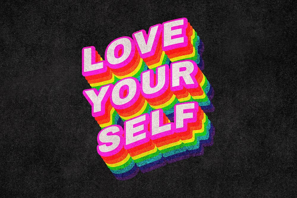 LOVE YOURSELF rainbow word typography on black background