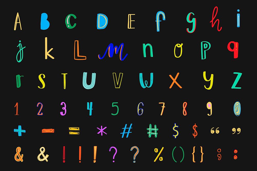 Alphabet symbol doodle vector font style colorful set