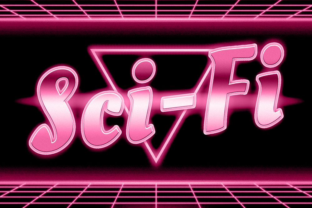 Retro neon pink sci-fi grid word typography