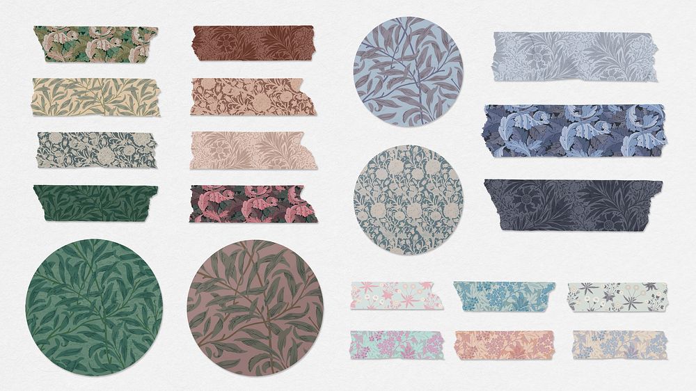 Leafy washi tape psd and round sticker set remix from artwork by William Morris