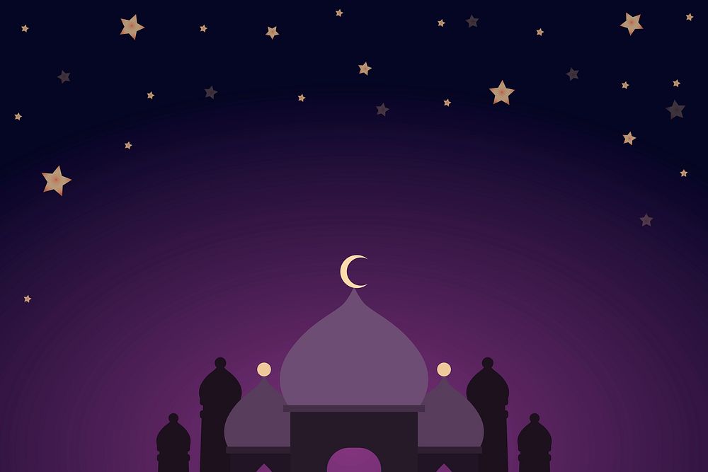 Purple mosque silhouette background psd Eid Mubarak and Ramadan Kareem illustration