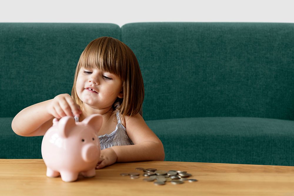 Child savings, piggy bank background