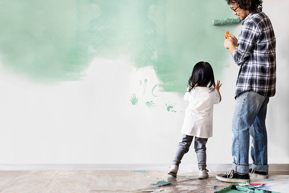 Asian family renovating the house background