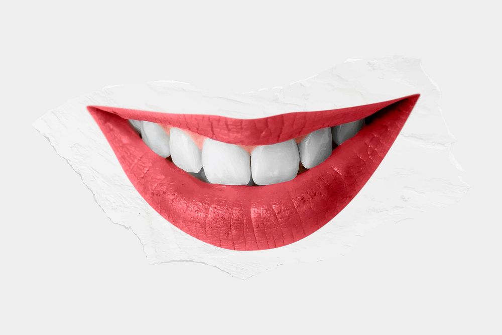 Smiling red lips vector with teeth closeup on gray background