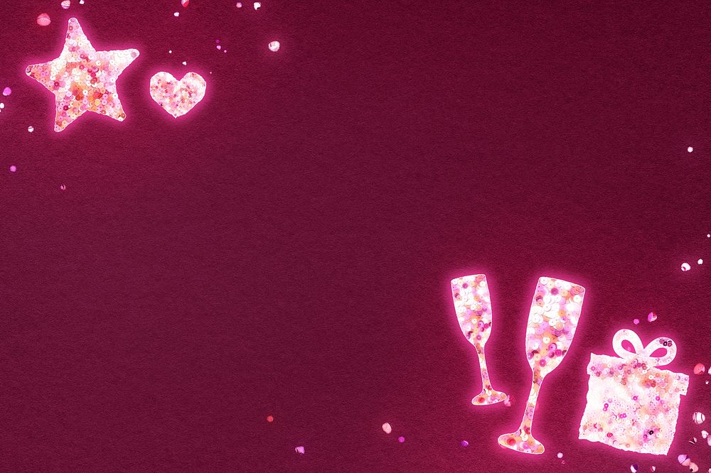 Valentine&rsquo;s celebration pink background psd with box and champagne glasses in sequin texture
