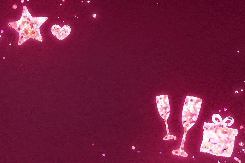 Valentine&rsquo;s celebration pink background vector with box and champagne glasses in sequin texture