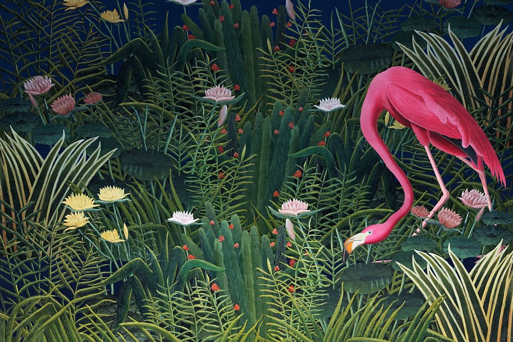Flamingo & flower remix background inspired by Henri Rousseau & John James Audubon famous artworks, nature illustration