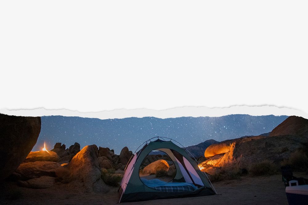 Camping night background, with ripped paper border
