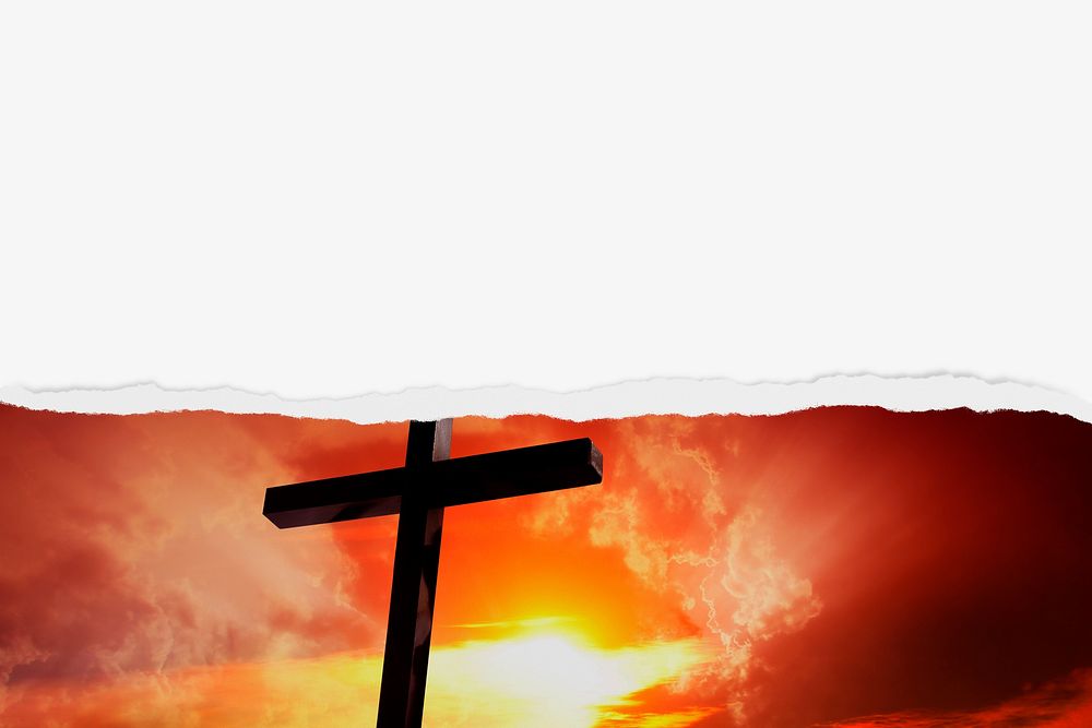 Cross on hill background, with ripped paper border