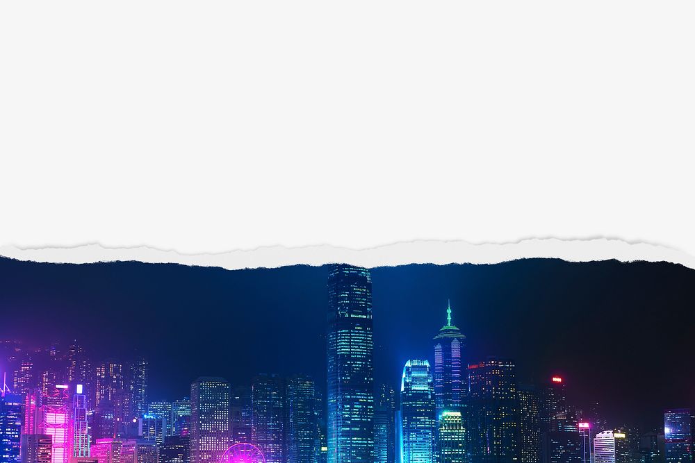 Night city background, ripped paper border