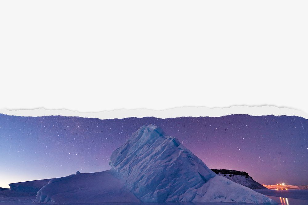 Iceberg background, purple sky, ripped paper border