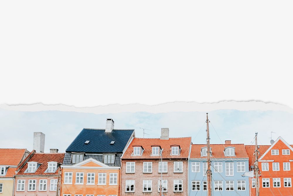 Danish houses background, ripped paper border
