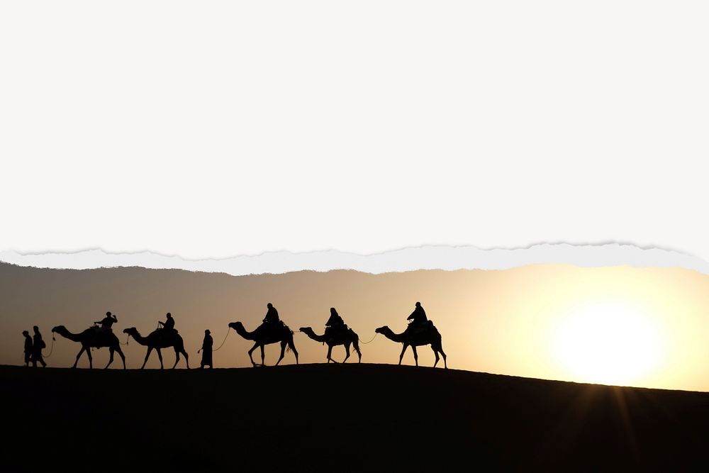 Camel caravan background, ripped paper border