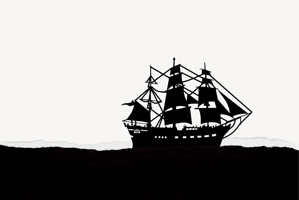 Sail ship silhouette background, with ripped paper border