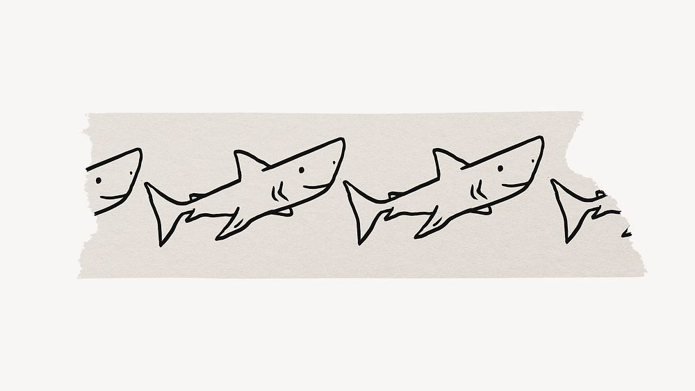 Shark washi tape collage element, doodle, off white design psd