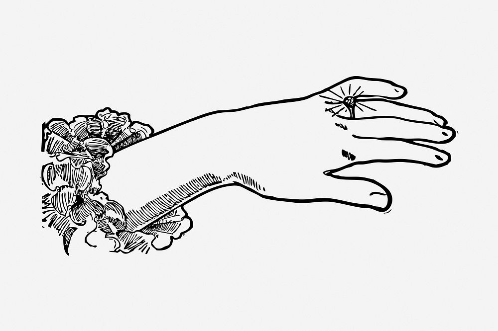 Hand showing engagement ring drawing, vintage wedding illustration. Free public domain CC0 image.