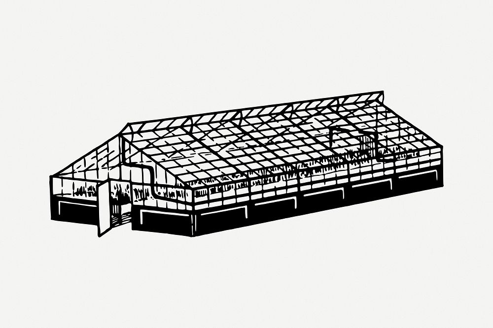 Greenhouse building  drawing, vintage illustration psd. Free public domain CC0 image.