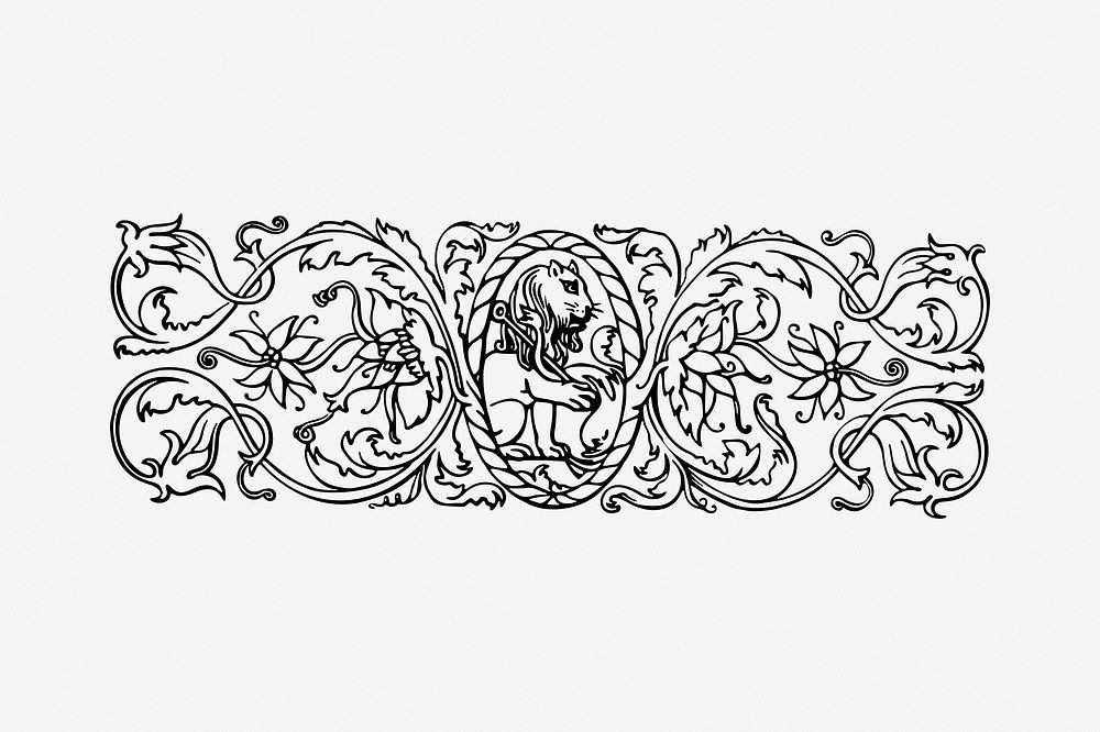 Lion border drawing, vintage illustration. Free public domain CC0 image.