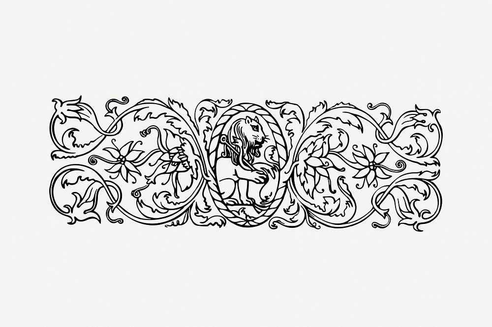 Lion border drawing, vintage illustration psd. Free public domain CC0 image.