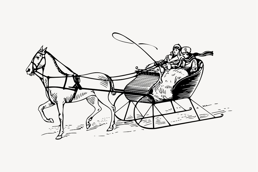 Horse sleigh  drawing, vintage illustration psd. Free public domain CC0 image.