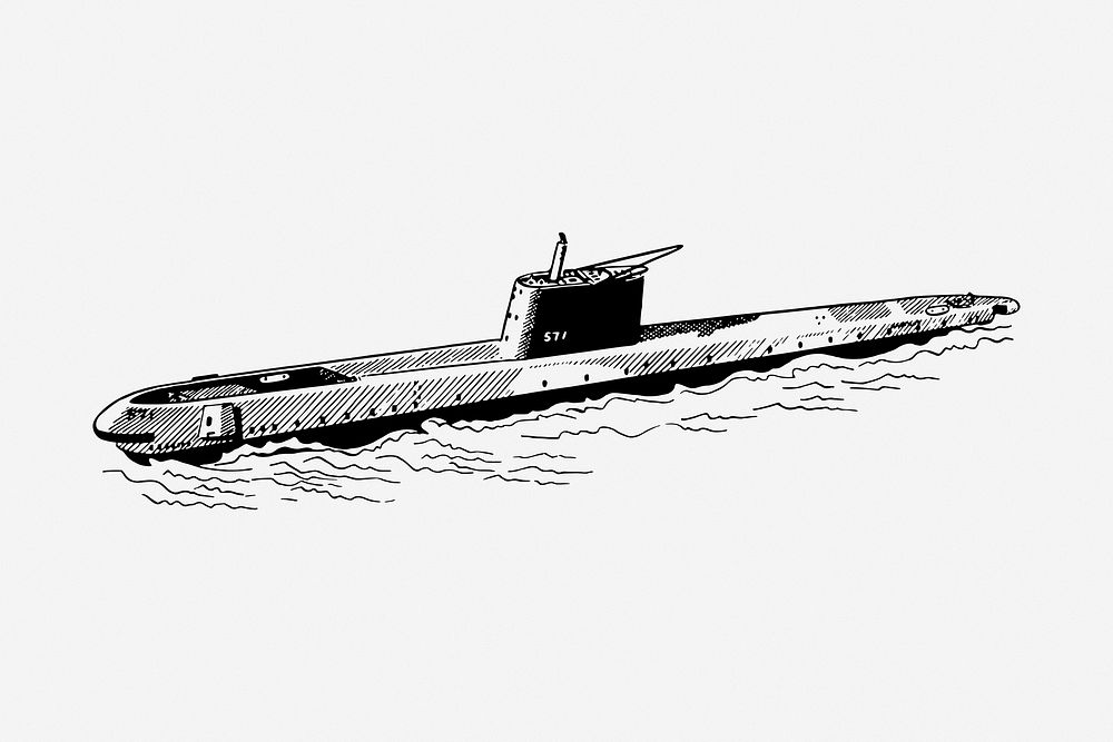 Submarine vintage transportation illustration. Free public domain CC0 image.