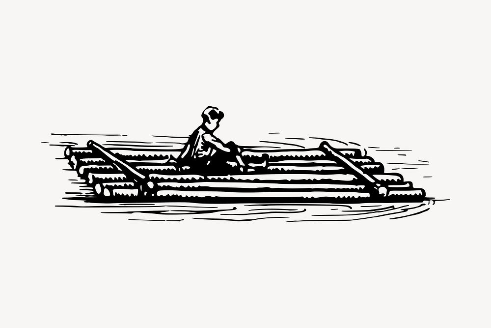 Boy on raft drawing, vintage transportation illustration vector. Free public domain CC0 image.